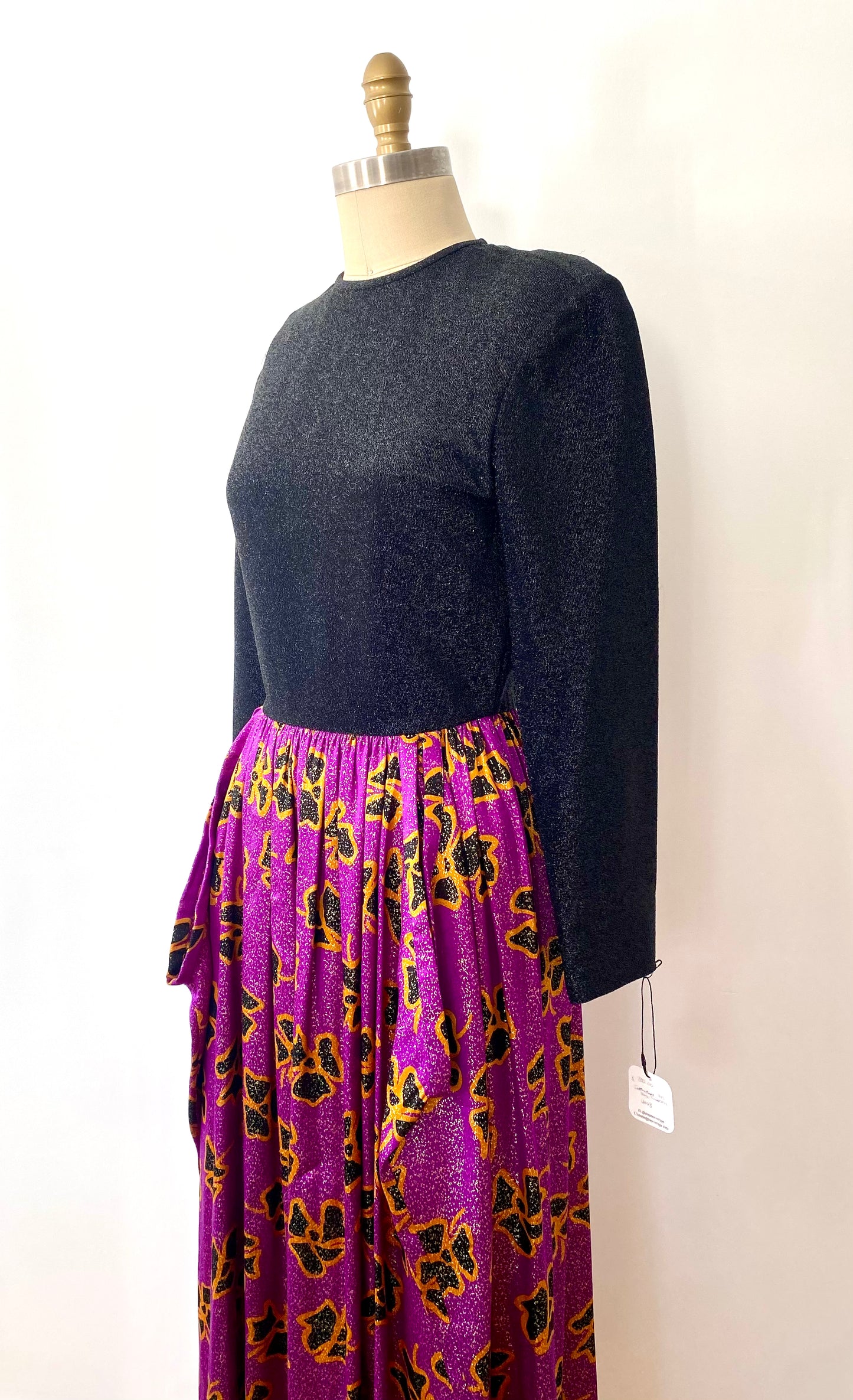 GEOFFREY BEENE, 1990s METALLIC PURPLE PRINTED LS DRESS