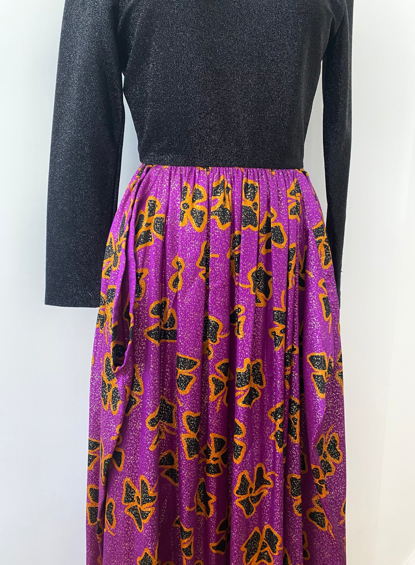 GEOFFREY BEENE, 1990s METALLIC PURPLE PRINTED LS DRESS