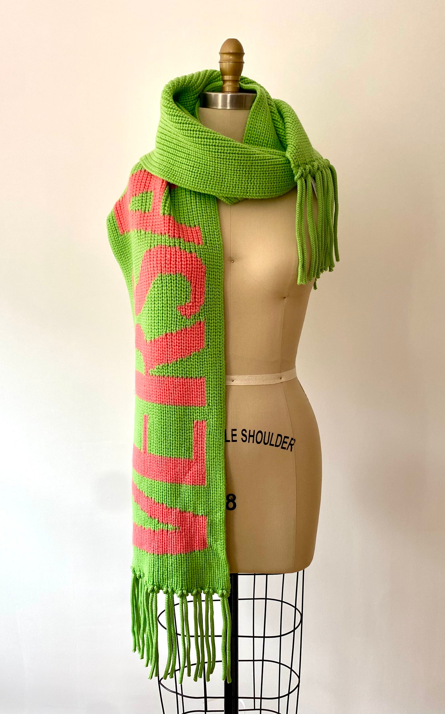 VERSACE, CHUNKY KNIT SCARF W/ PRINT AND FRINGE