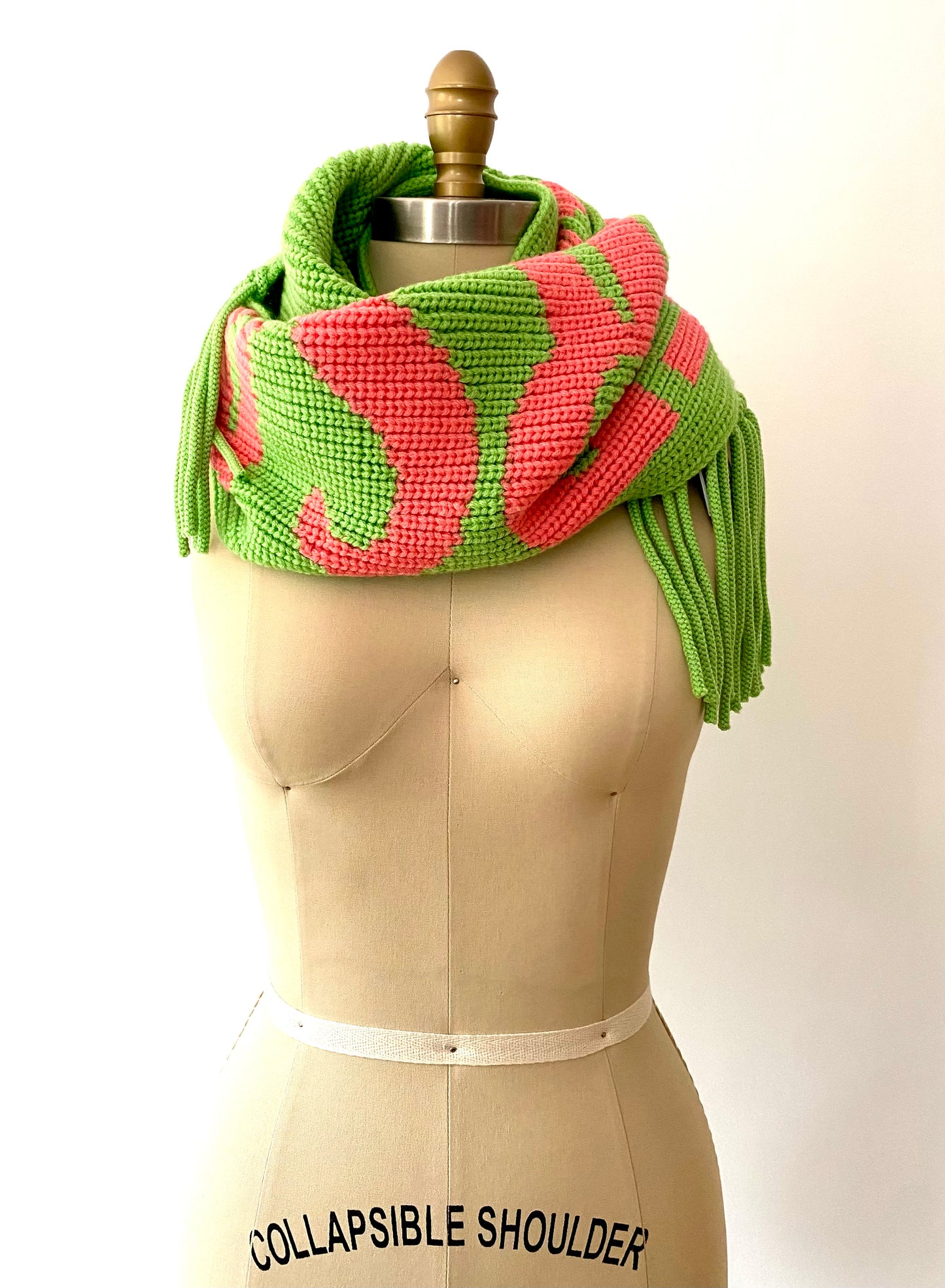 Versace green pink chunky long knit scarf with print and fringe Unisex