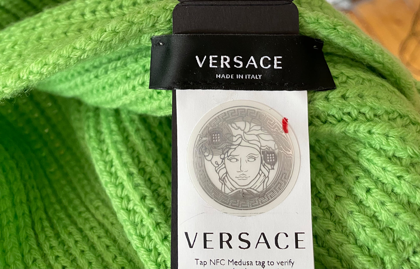 VERSACE, CHUNKY KNIT SCARF W/ PRINT AND FRINGE
