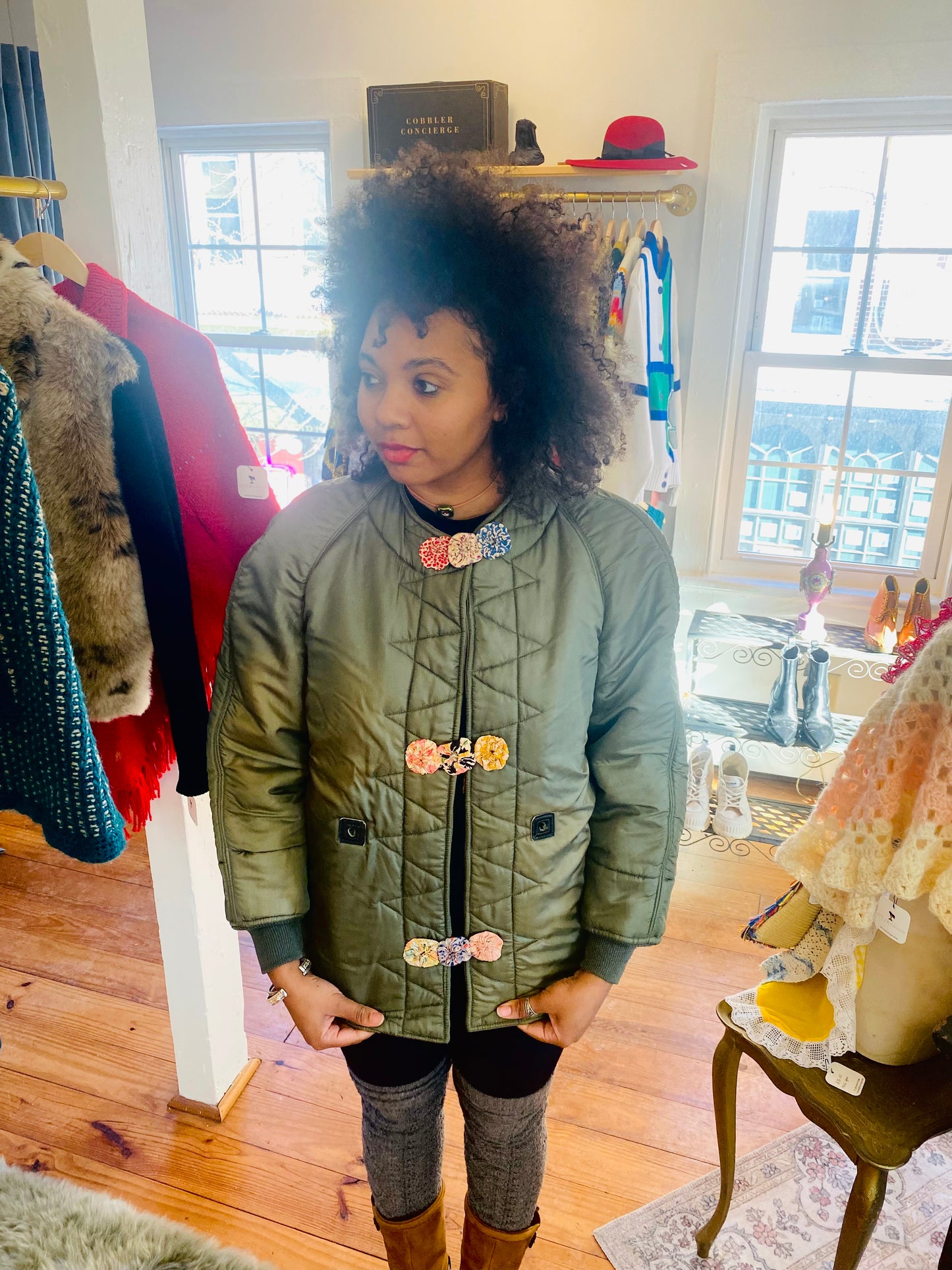 Army Liner Jacket w/ Floral Fasteners