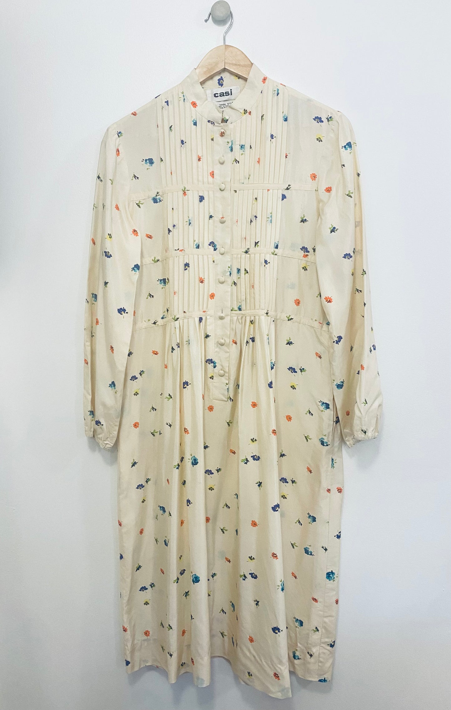 1970s CASI SILK LONG PLEATED FLORAL PRINT DRESS