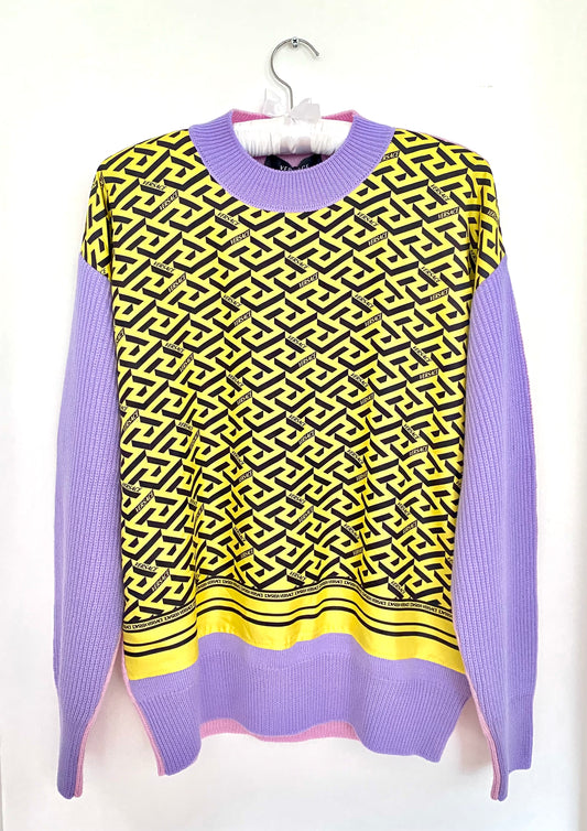 VERSACE, UNISEX PRINTED SILK/KNIT COLORBLOCK LS SWEATER (NEW W/ TAGS)