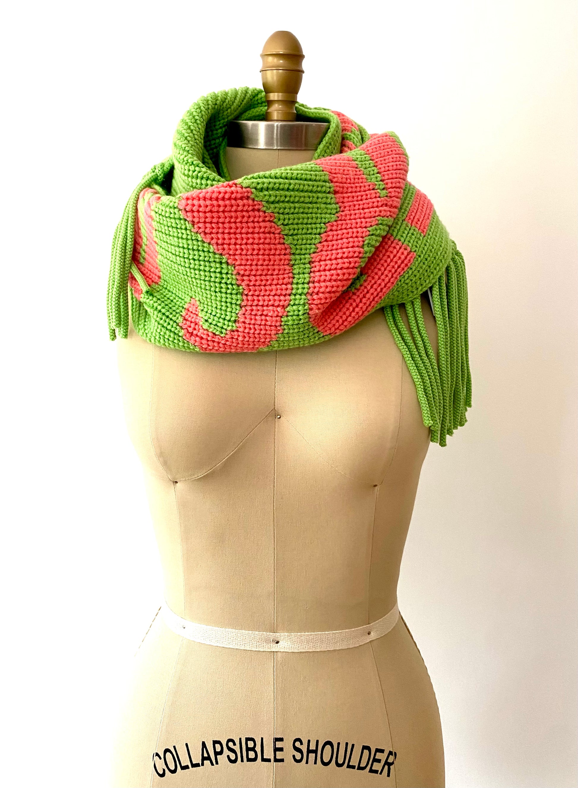 Versace green pink chunky long knit scarf with print and fringe Unisex